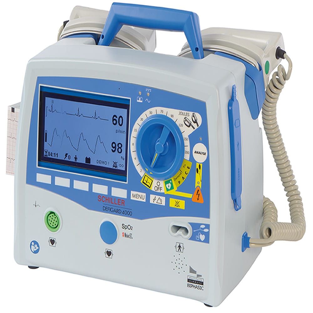 
SCHILLER Defigard 4000 Cardiodesfibrilador Bifásico Monitor ECG Marcapasos Registro Oximetría
